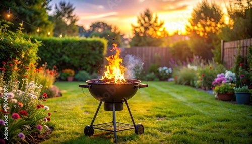 A charcoal grill burns brightly in a lush backyard garden at sunset, creating a warm and inviting atmosphere for outdoor cooking and relaxation.