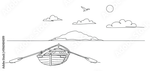 A minimalist continuous line drawing of a rowboat with oars on the water, featuring a distant island, clouds, and a flying bird, suitable for projects exploring themes of travel, serenity,
