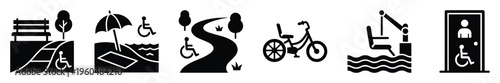 Collection of graphic symbols representing accessibility features for public spaces and recreational activities, useful for signage, brochures, and inclusive planning materials.