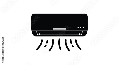 A simple black graphic shows a wall mounted air conditioning unit emitting cool air flow a silhouette