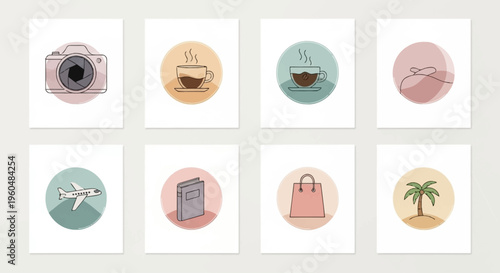 A collection of eight minimalist watercolor illustrations featuring everyday objects and travel-related icons.