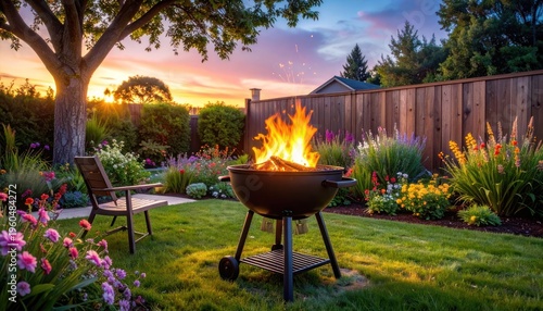 A vibrant sunset illuminates a backyard barbecue scene featuring a glowing fire pit, lush greenery, and a comfortable lounge chair, creating a serene and inviting atmosphere.
