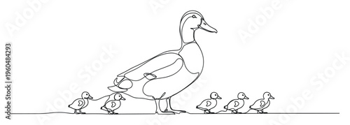 A charming single line depiction of a mother duck walking gracefully with her five adorable ducklings, suitable for educational resources or child friendly media