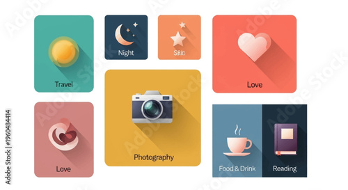 A collection of flat design icons with long shadows representing various lifestyle and leisure concepts like travel, night, love, photography, food, drink, and reading.