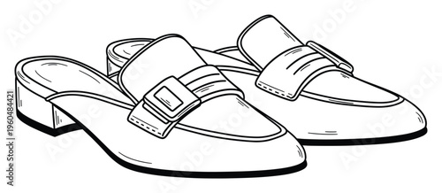 Stylish womens slipon mule shoes with a block heel and buckle strap rendered in a classic line drawing style perfect for footwear guides or everyday apparel promotions.