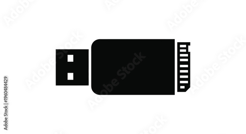 A stark black silhouette of a universal serial bus drive represents data storage technology silhouette high quality professional