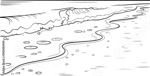 Hand Drawn Black and White of Ocean Waves Approaching a Sandy Beach Shoreline water