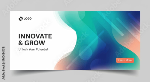 A modern business banner with abstract fluid shapes in blue, teal, and orange, featuring "Innovate & Grow" text and a "Learn More" button.