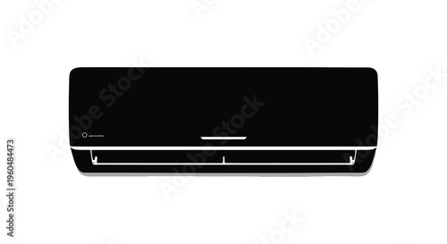 A stark black air conditioning unit is displayed against a bright white background creating a bold silhouette