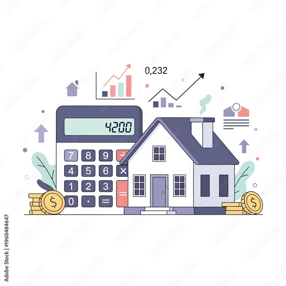 Obraz premium Real Estate Investment Growth: House, Calculator, Coins, and Financial Charts