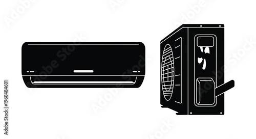 A minimalist depiction of a modern split air conditioning unit shown in a stark black silhouette high quality