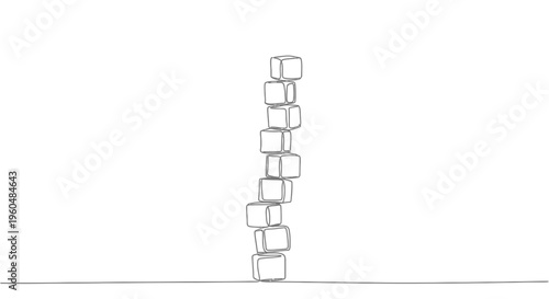 Abstract single line art drawing of an unstable stack of geometric cubes illustrating precarious
