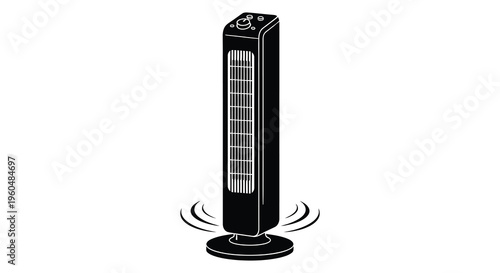 A sleek black tower fan stands prominently against a white background showcasing its modern design a silhouette