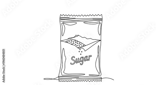 Continuous line art illustration of an open sugar packet revealing sweet granules ready for use in