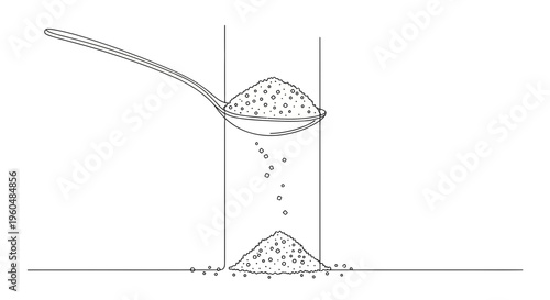 Precise depiction of fine granular substance pouring from a spoon into a vertical container,