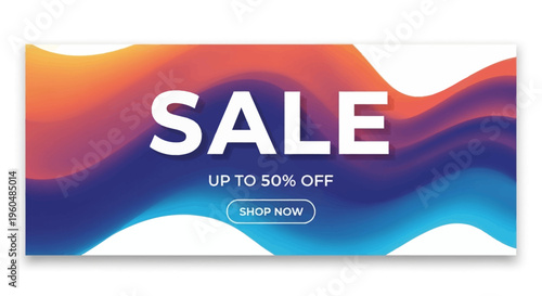 A vibrant sale banner with abstract wavy background and "UP TO 50% OFF" text.