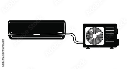 A black and white illustration depicts an air conditioning unit with its indoor and outdoor components silhouette