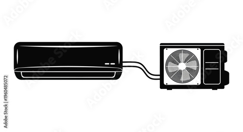 A black silhouette depicts an indoor and outdoor unit of a split system air conditioner silhouette high quality
