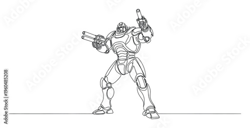 Continuous line drawing of a powerful futuristic robot in battle armor holding dual firearms, suitable for gaming, technology, and science fiction themed marketing materials