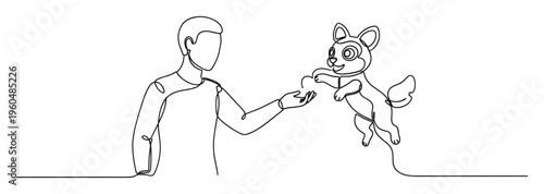 Simple continuous line work showing a person engaging with a cheerful dog playfully leaping, useful for illustrating humananimal connection, pet care, or positive emotional interaction.