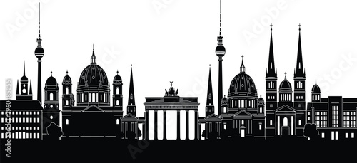Berlin city skyline vector icons set, featuring Brandenburg Gate, Berliner Dom, and German landmarks, black silhouette architectural symbols, isolated, Germany.