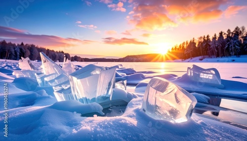 Ephemeral crystalline formations under a radiant dawn.