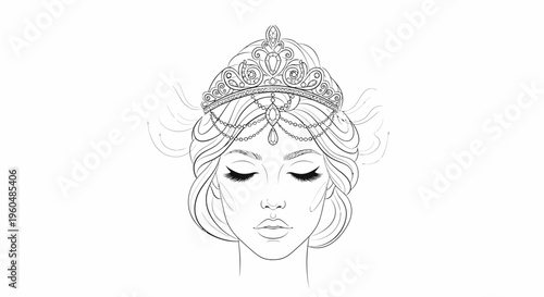 Exquisite detailed line art illustration portraying an elegant queen or princess wearing a