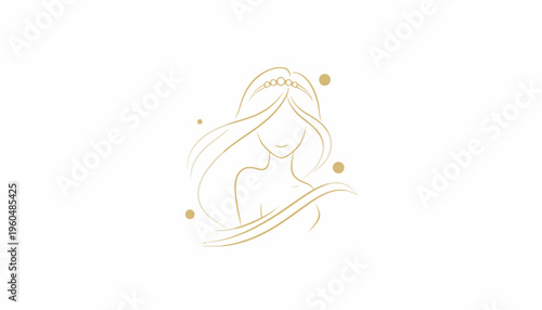 Elegant golden line art profile of a serene woman with flowing hair and a delicate tiara design