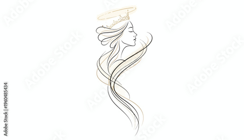 Elegant line art of a serene female profile with a halo and subtle crown design