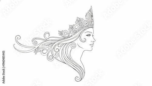 Elegant profile of a regal woman adorned with an intricate crown and gracefully flowing ornate hair