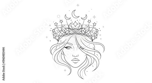 Elegant Celestial Queen with Flowing Hair and Starry Moon Crown Line Art Vector Illustration