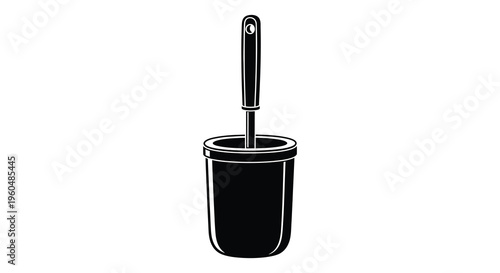 A black and white illustration depicts a toilet brush standing in its holder presented as a silhouette