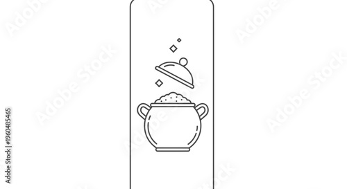 Minimalist line art illustration depicting a steaming pot with a hovering lid for various culinary