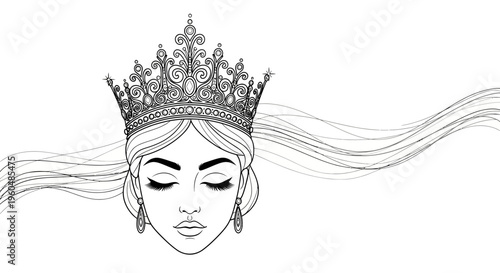 Gracious regal woman portrait adorned with an ornate tiara and ethereal flowing lines