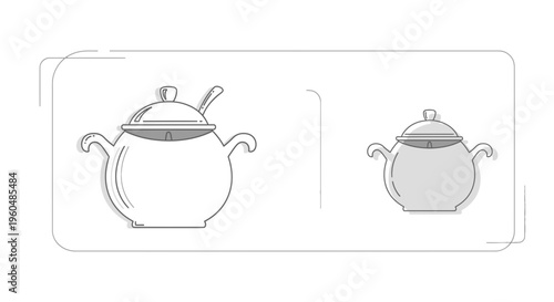 Minimalist vector illustrations of elegant lidded serving bowls for culinary design projects and