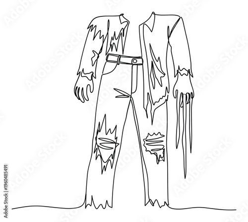 Continuous line drawing depicting a tattered zombie costume with ripped shirt and pants perfect for horror themed events or Halloween party invitations