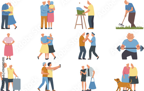 Minimal line art elderly people daily life activities senior man and woman routine lifestyle retirement home indoor scenes
