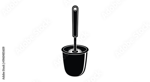 A black and white depiction of a toilet brush with holder a common bathroom cleaning tool silhouette
