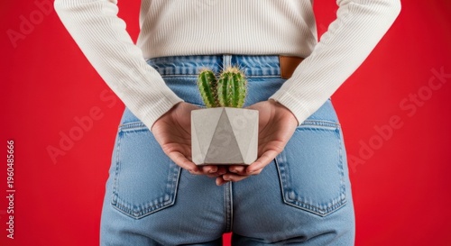A person in jeans holds a small potted cactus behind their back