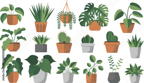 Minimal line art houseplants set indoor home decor plants collection with monstera ficus pothos cactus and tropical leaves illustration