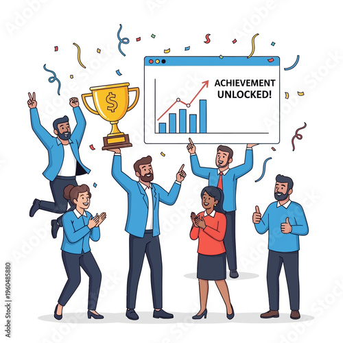 Team celebrating winning trophy and achievement unlocked graphic