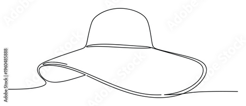 Minimalist single line drawing of a stylish wide brim sun hat perfect for summer travel advertisements, vacation resort promotions, and beachwear collections.
