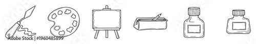 Black and white hand drawn artist tools including palette knife, paint palette, easel, pencil case and ink bottles perfect for creative hobby projects or educational materials