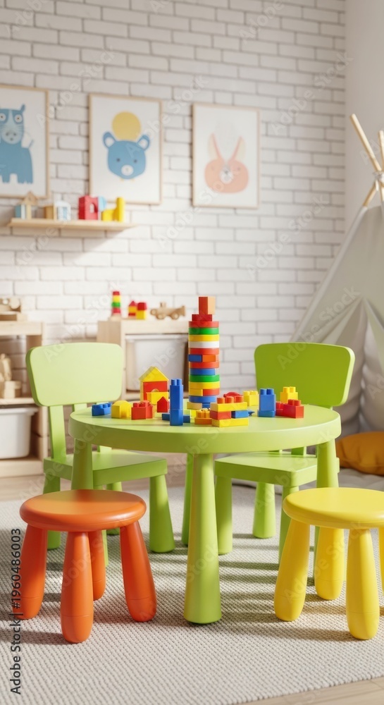 Obraz premium Bright, colorful playroom with toys, small table, chairs, and animal art