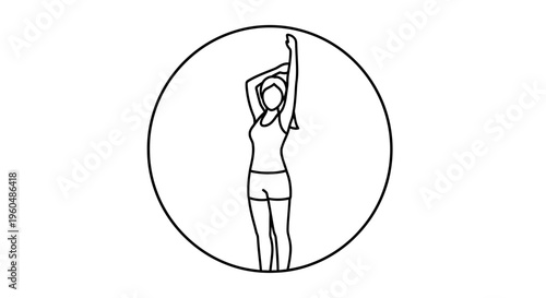 Woman stretching arm up in circle icon, fitness and wellness concept