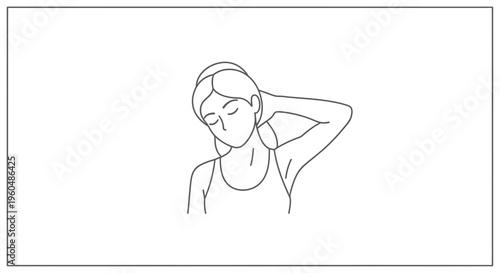 Woman stretching neck, gentle yoga pose, relaxation and wellness, line art illustration