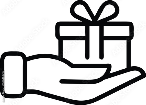 A simple black and white line drawing depicts a hand offering a neatly wrapped gift symbolizing generosity and celebration high quality professional detailed modern elegant stylish