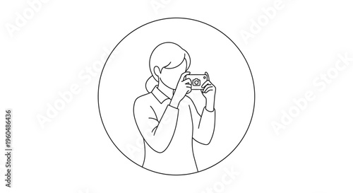 Woman taking photo with vintage camera, illustration, line art, black and white, minimalist