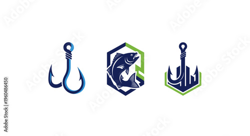 Fishing Logo Set: Hook, Fish Emblem, and Hook Icon
