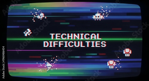 Pixelated retro game screen displays technical difficulties message with video game.